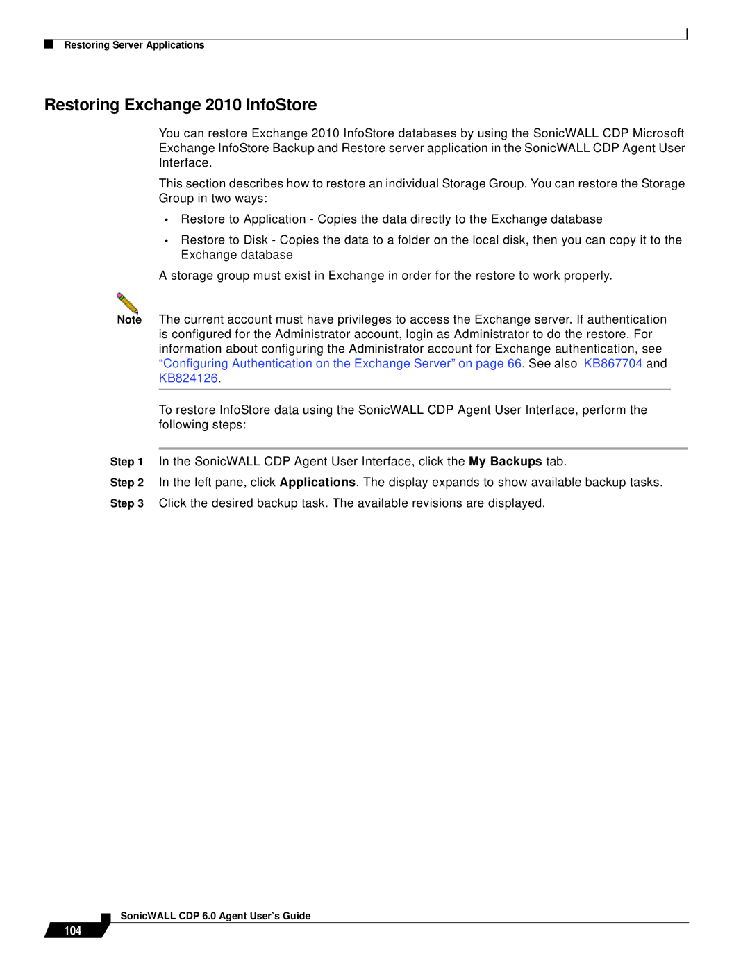 SonicWALL 6 manual Restoring Exchange 2010 InfoStore, 104 