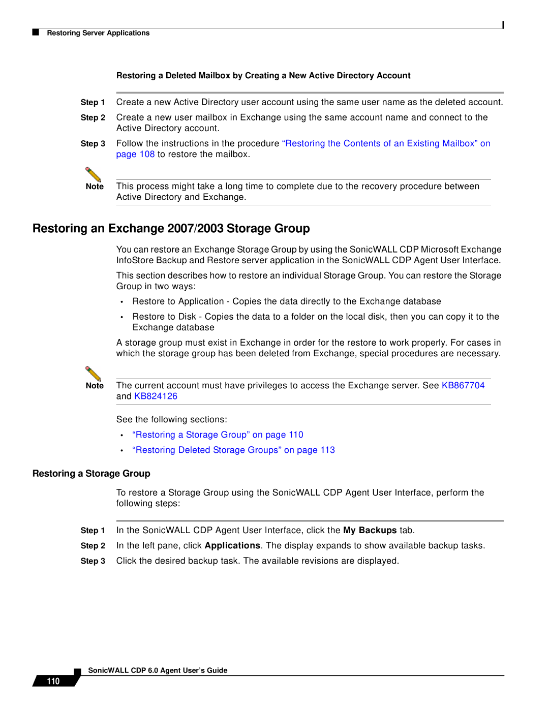 SonicWALL 6 manual Restoring an Exchange 2007/2003 Storage Group, Restoring a Storage Group, 110 