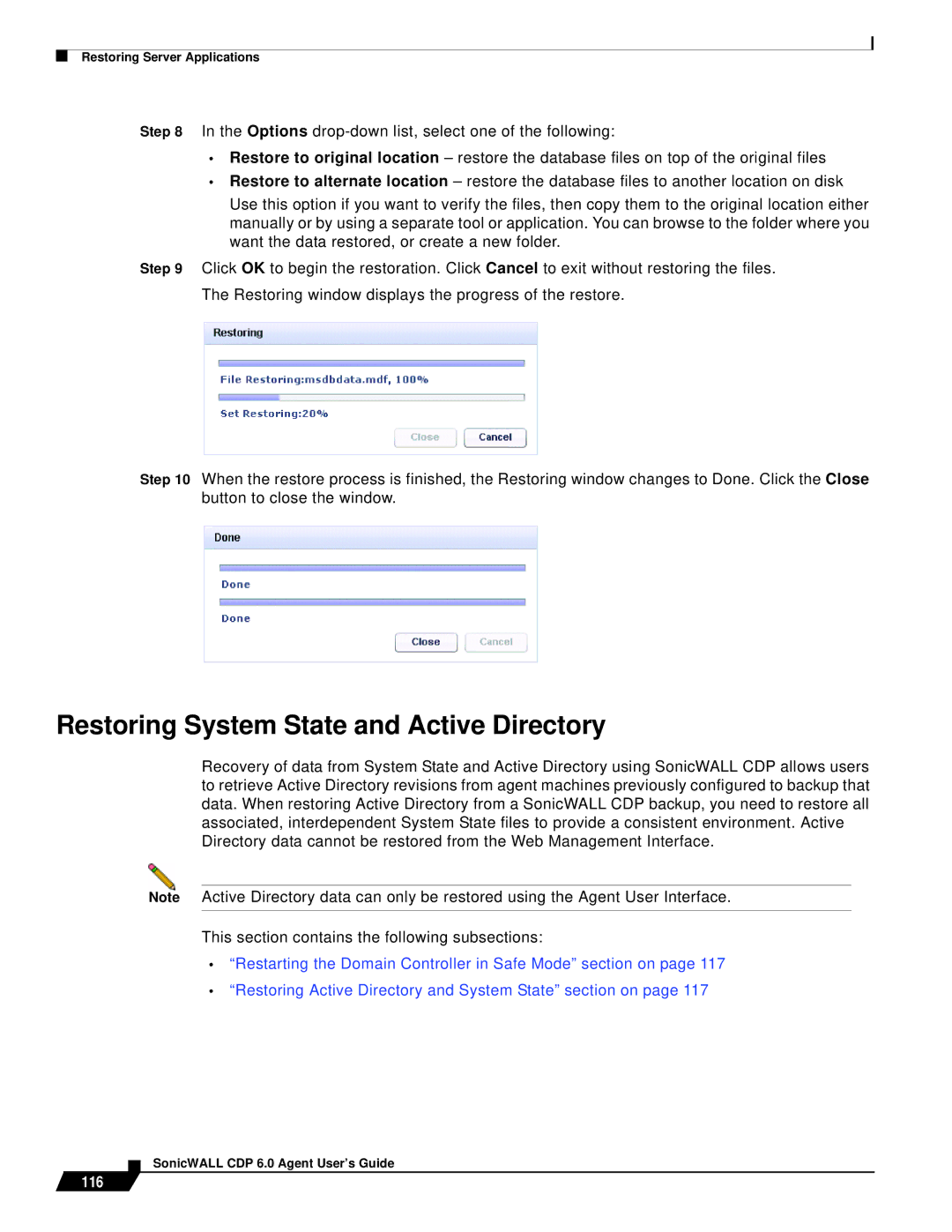 SonicWALL manual Restoring System State and Active Directory, 116 