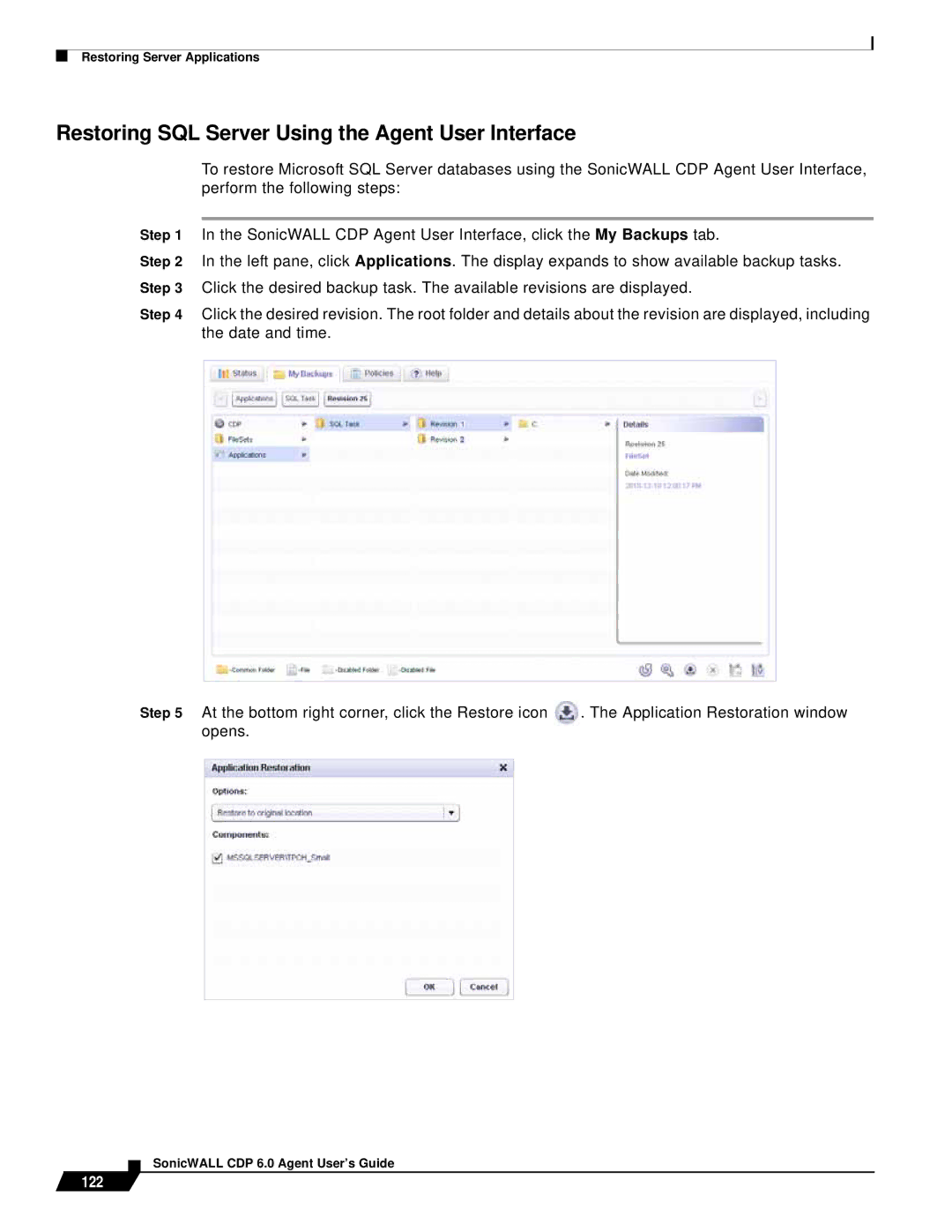 SonicWALL 6 manual Restoring SQL Server Using the Agent User Interface, 122 