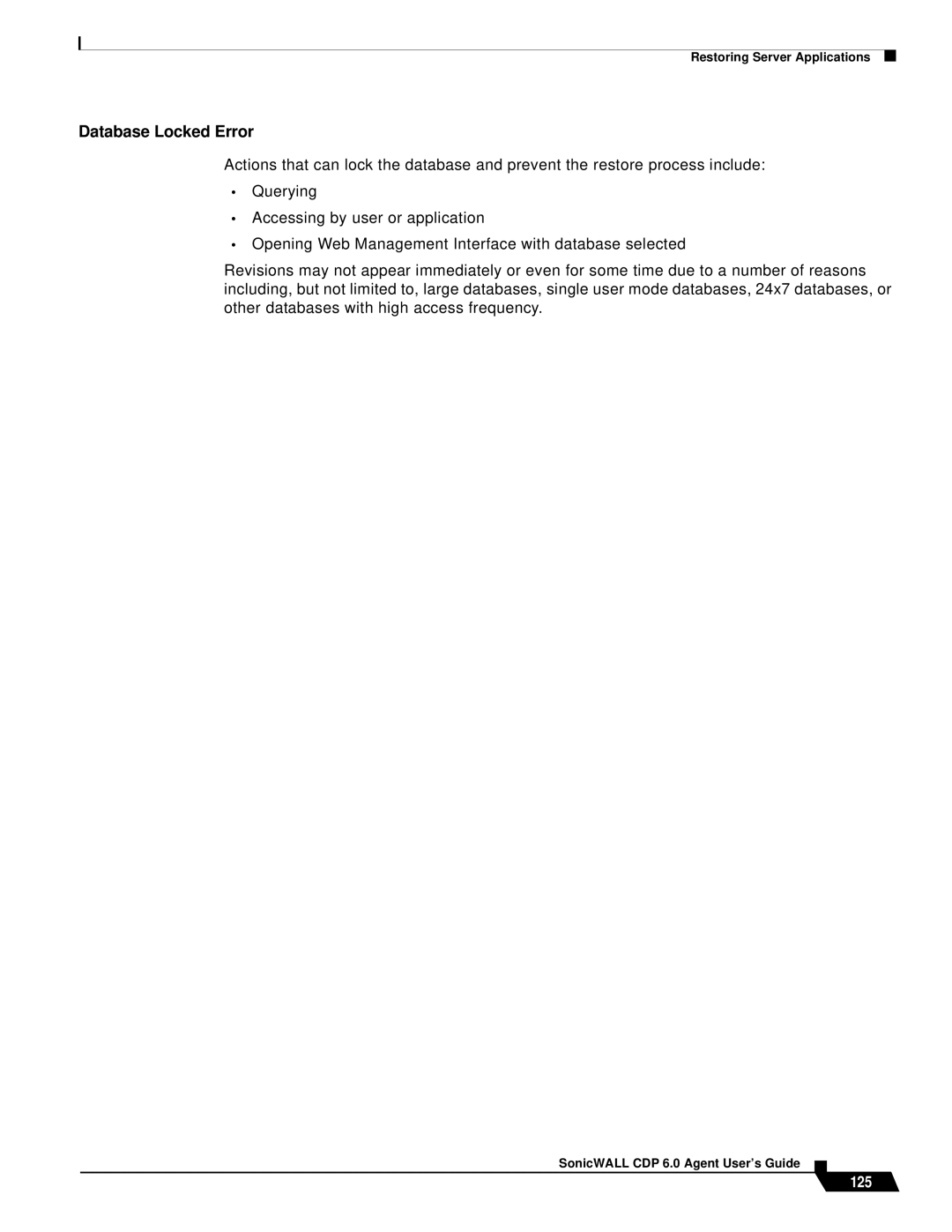 SonicWALL 6 manual Database Locked Error, 125 