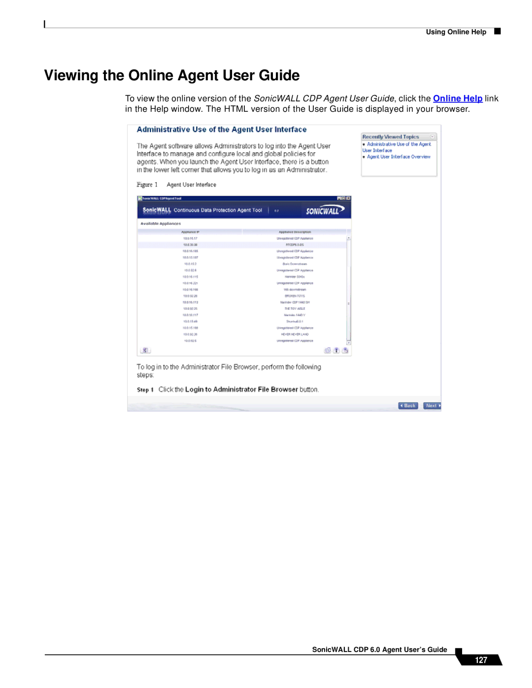 SonicWALL 6 manual Viewing the Online Agent User Guide, 127 