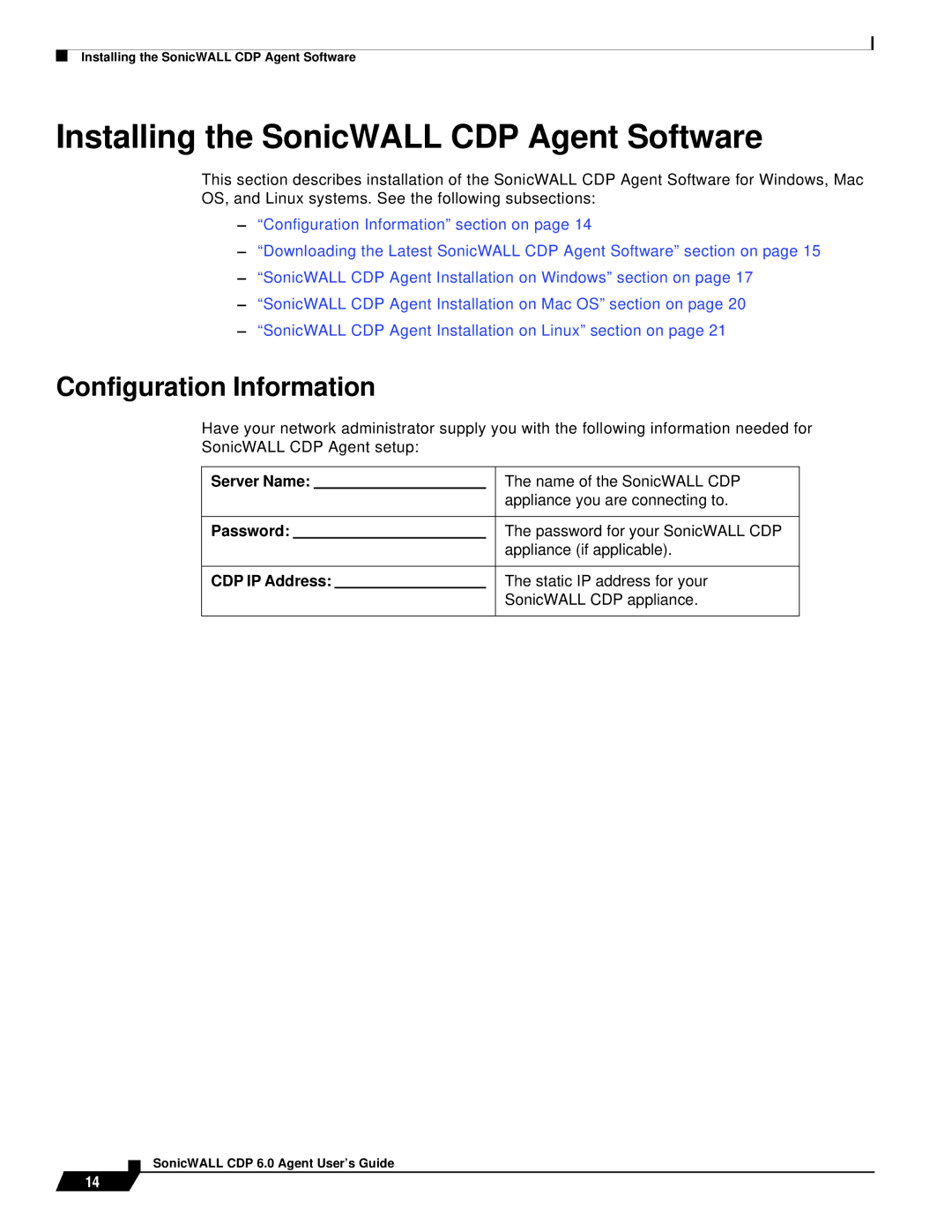 SonicWALL 6 Installing the SonicWALL CDP Agent Software, Configuration Information, Server Name, Password, CDP IP Address 