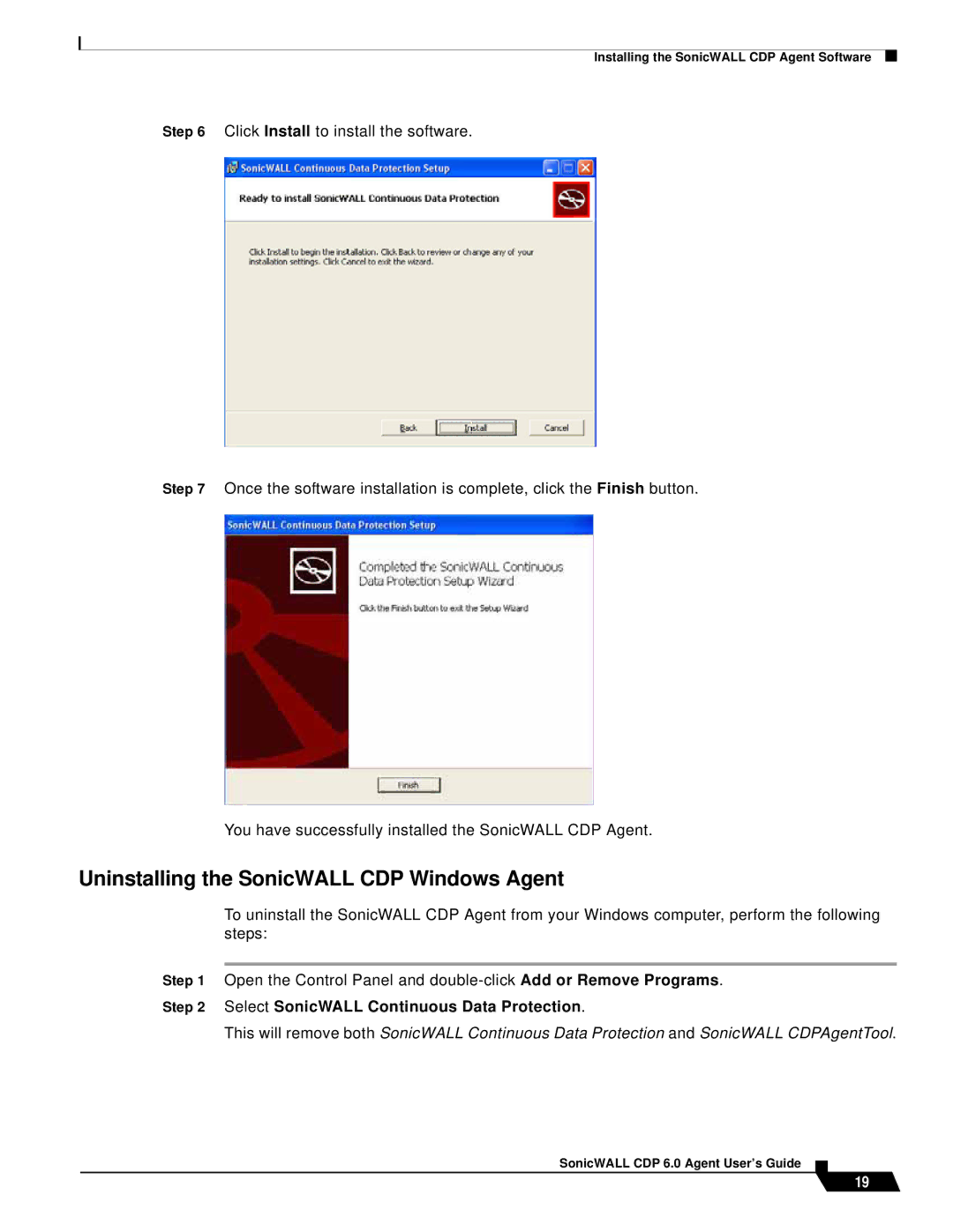 SonicWALL 6 manual Uninstalling the SonicWALL CDP Windows Agent, Select SonicWALL Continuous Data Protection 