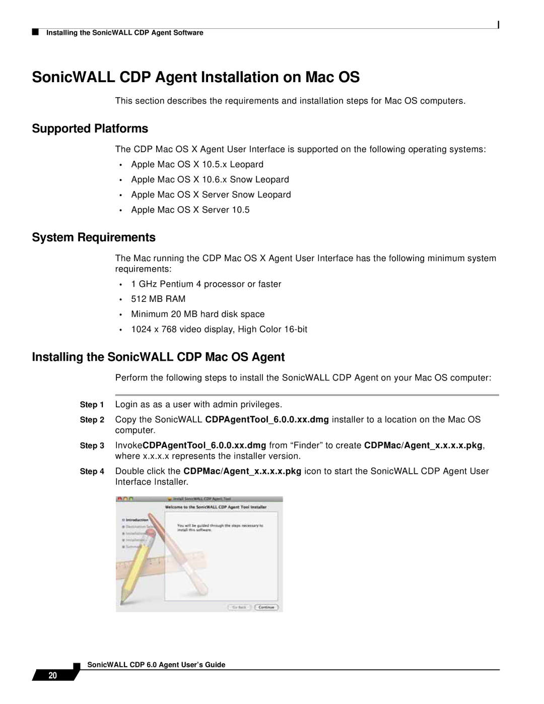 SonicWALL 6 manual SonicWALL CDP Agent Installation on Mac OS, Supported Platforms, System Requirements 