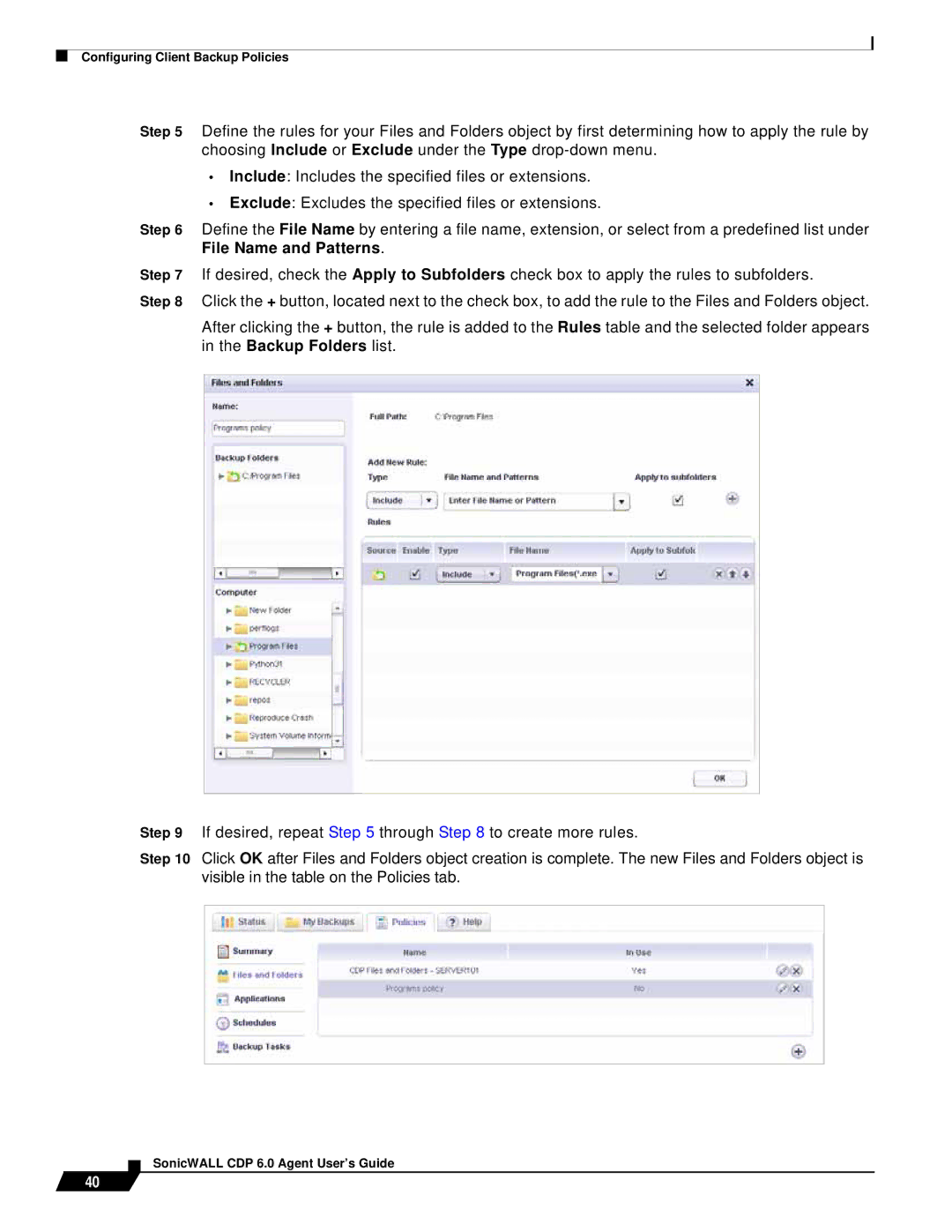 SonicWALL 6 manual Configuring Client Backup Policies 