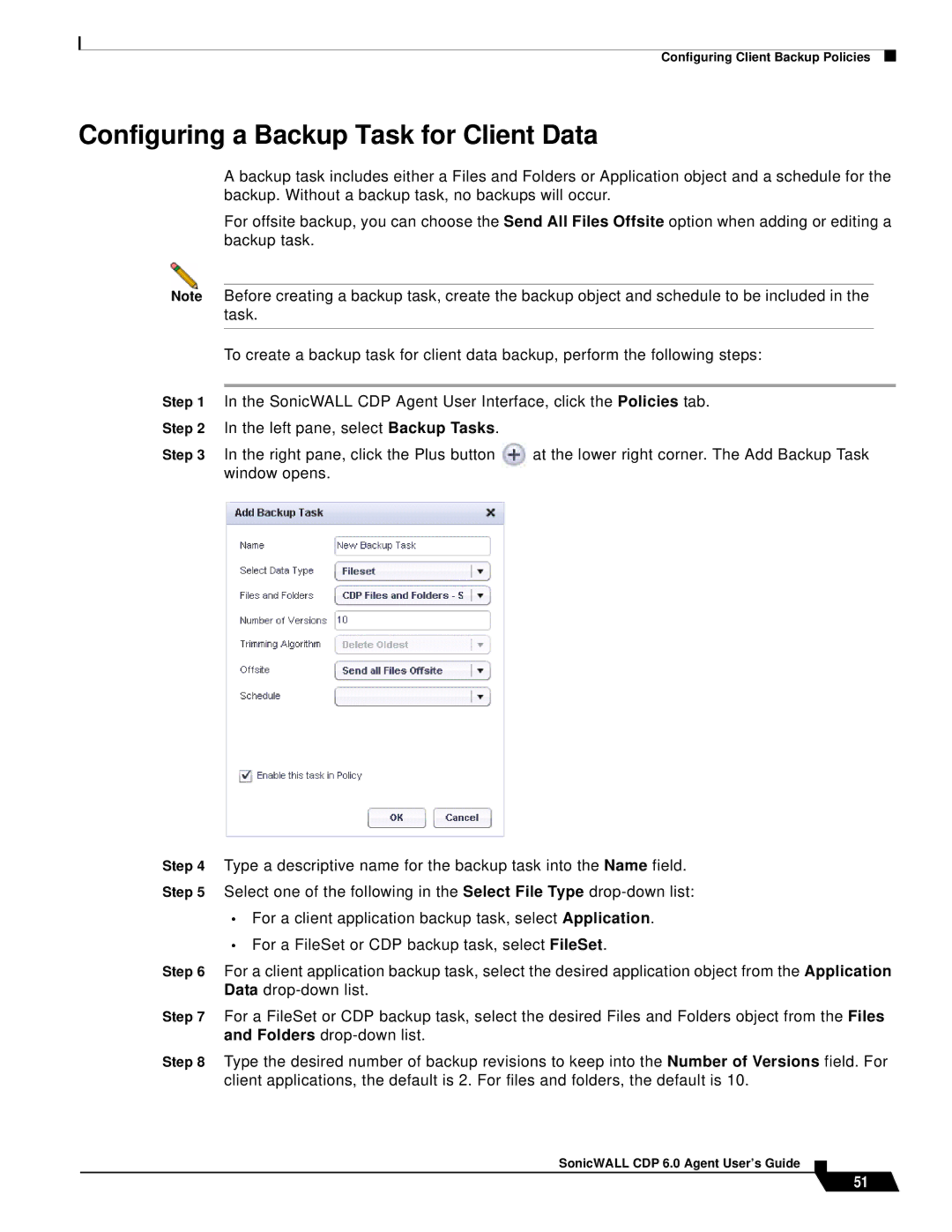 SonicWALL 6 manual Configuring a Backup Task for Client Data 