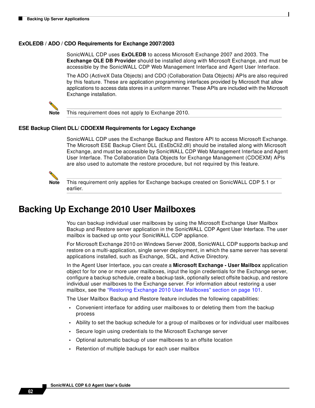 SonicWALL 6 manual Backing Up Exchange 2010 User Mailboxes, ExOLEDB / ADO / CDO Requirements for Exchange 2007/2003 