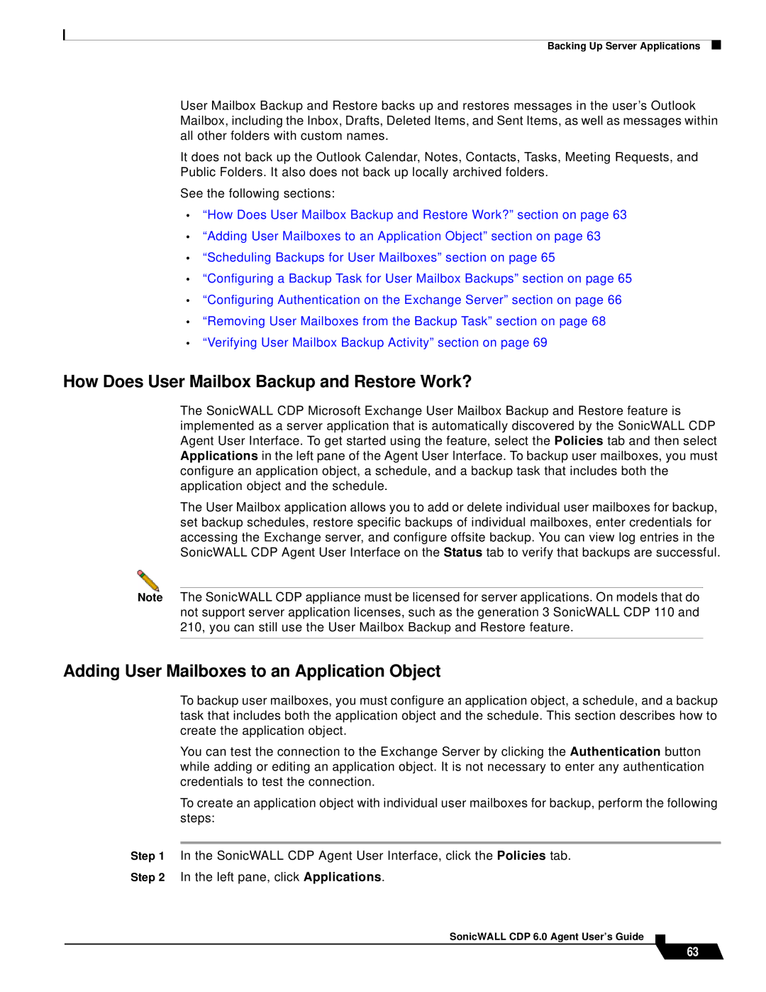 SonicWALL 6 manual How Does User Mailbox Backup and Restore Work?, Adding User Mailboxes to an Application Object 