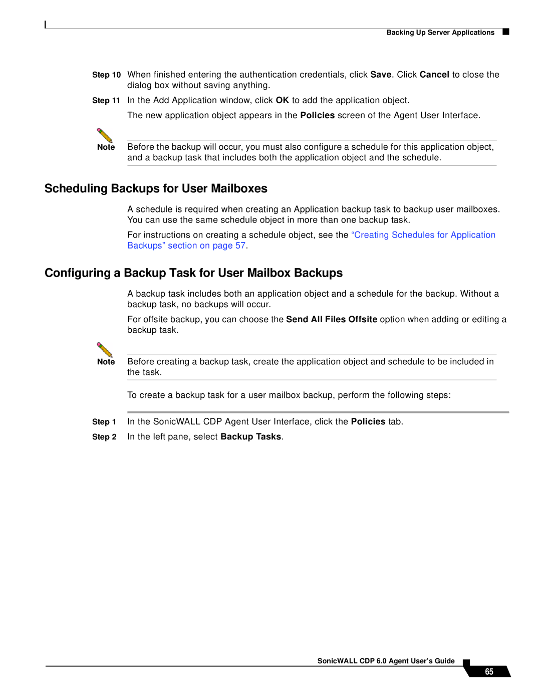 SonicWALL 6 manual Scheduling Backups for User Mailboxes, Configuring a Backup Task for User Mailbox Backups 