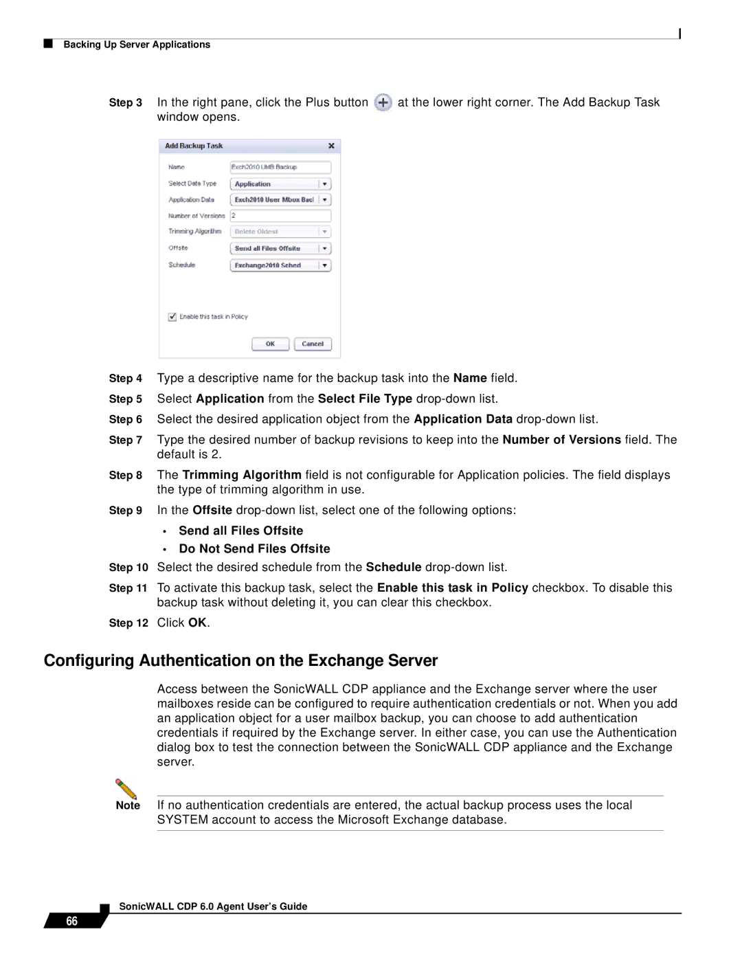 SonicWALL 6 manual Configuring Authentication on the Exchange Server, Send all Files Offsite Do Not Send Files Offsite 