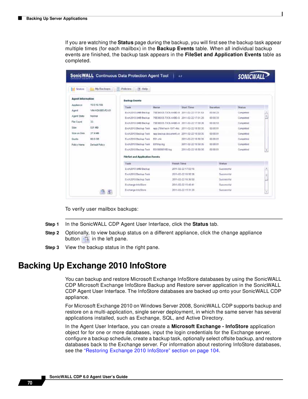 SonicWALL 6 manual Backing Up Exchange 2010 InfoStore 