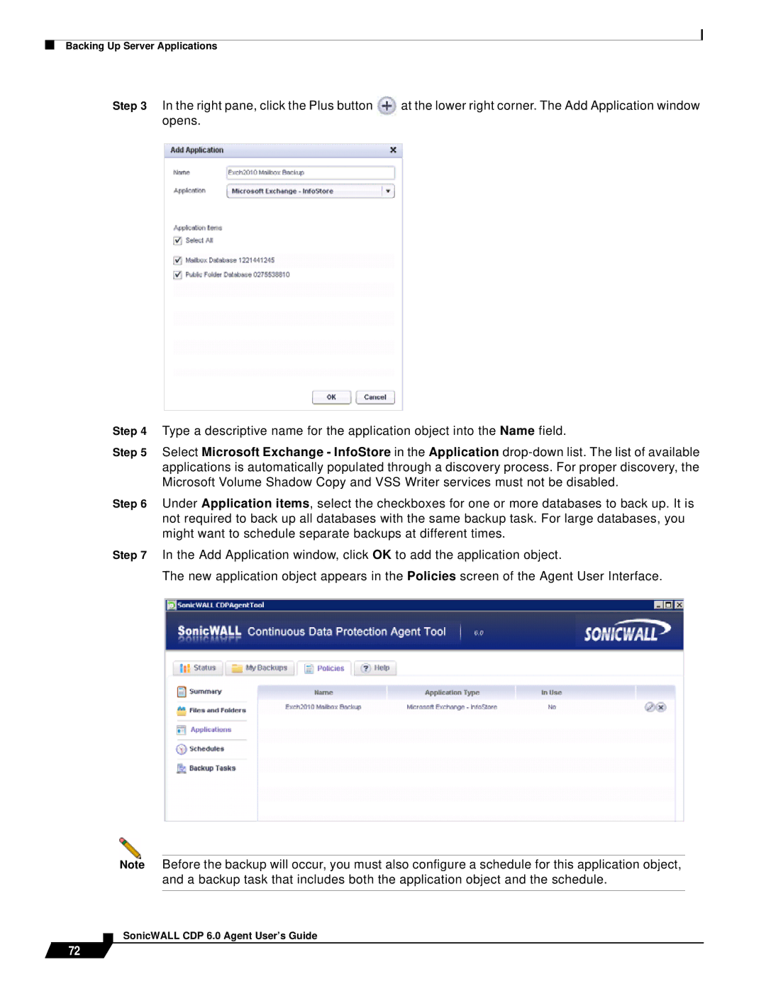 SonicWALL 6 manual Backing Up Server Applications 