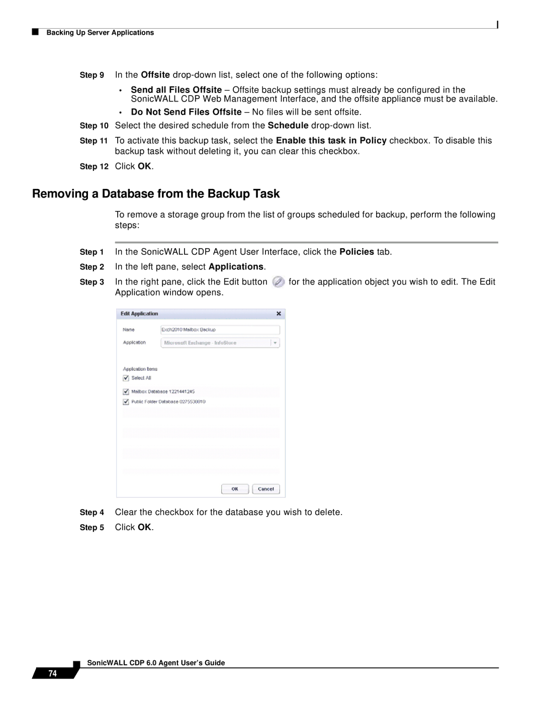 SonicWALL 6 manual Removing a Database from the Backup Task 