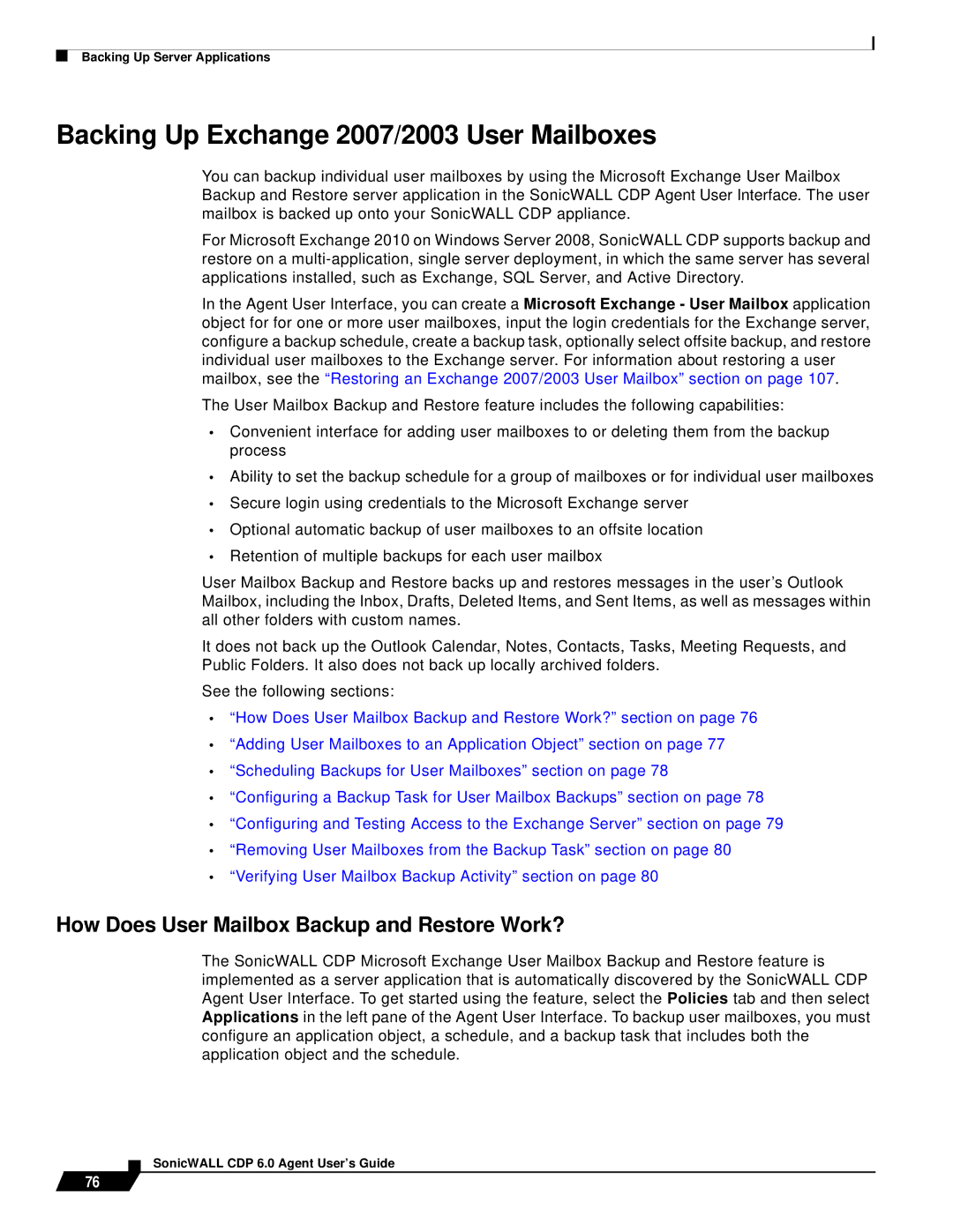 SonicWALL 6 manual Backing Up Exchange 2007/2003 User Mailboxes, How Does User Mailbox Backup and Restore Work? 
