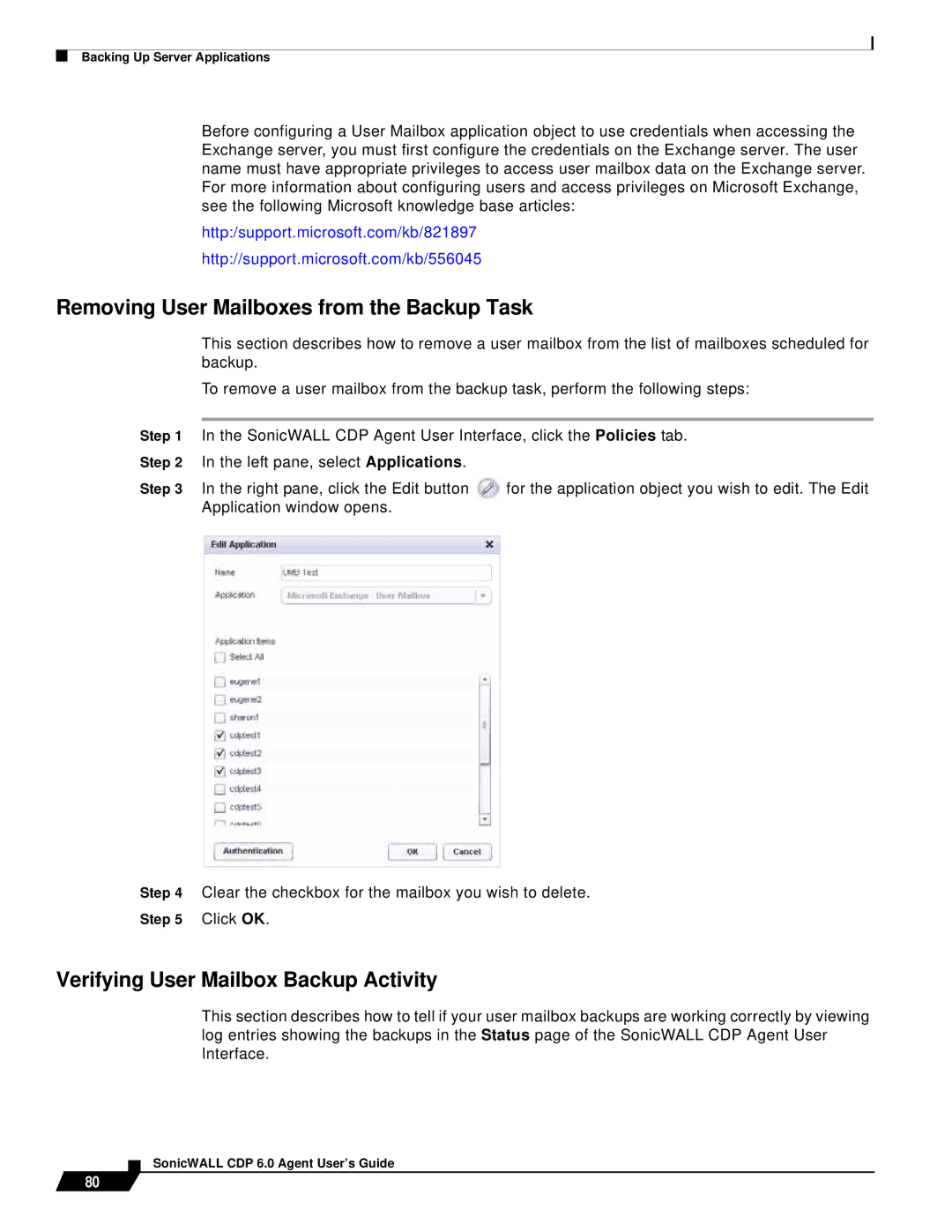 SonicWALL 6 manual Removing User Mailboxes from the Backup Task 