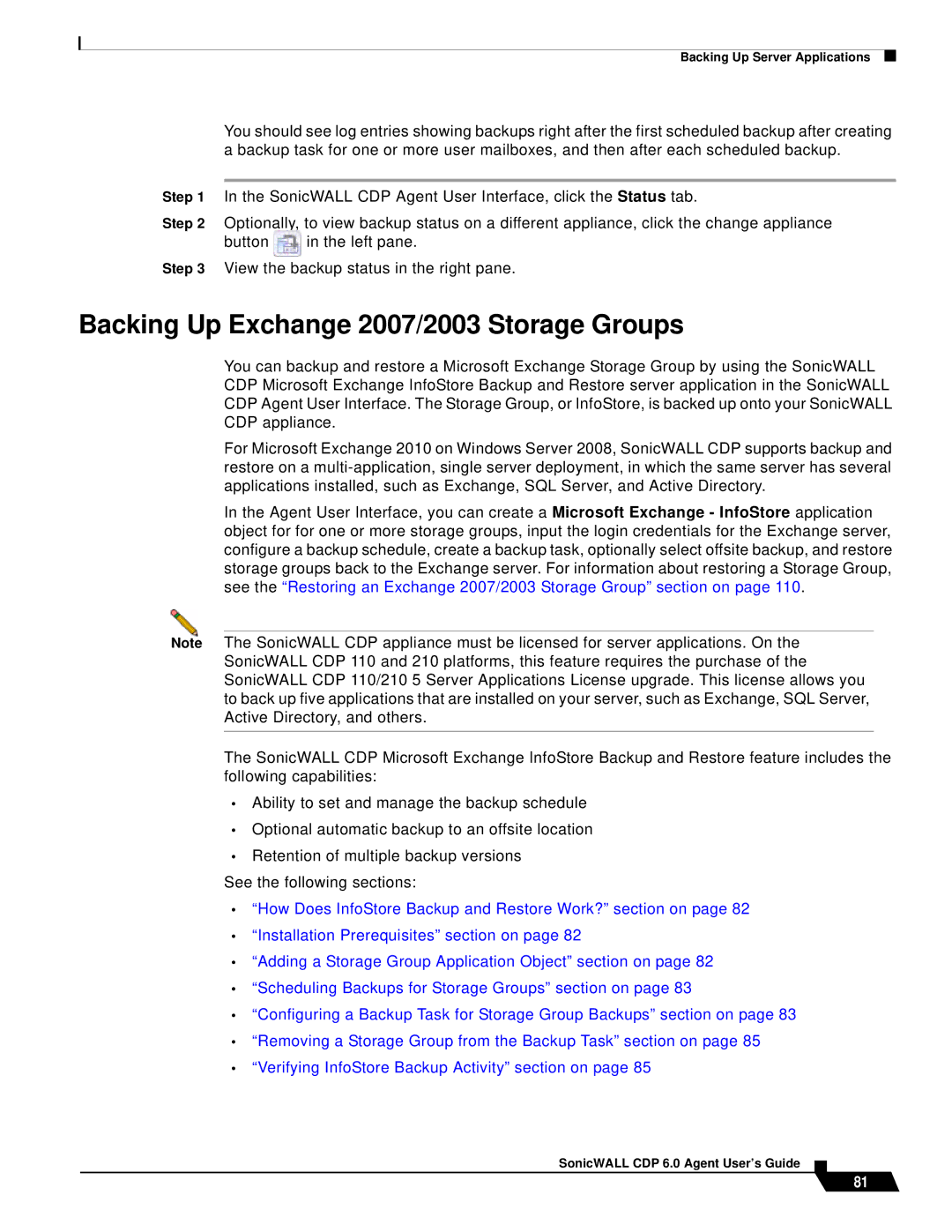 SonicWALL 6 manual Backing Up Exchange 2007/2003 Storage Groups 