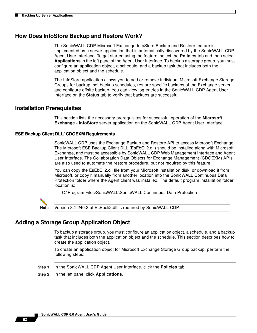 SonicWALL 6 manual Installation Prerequisites, Adding a Storage Group Application Object 