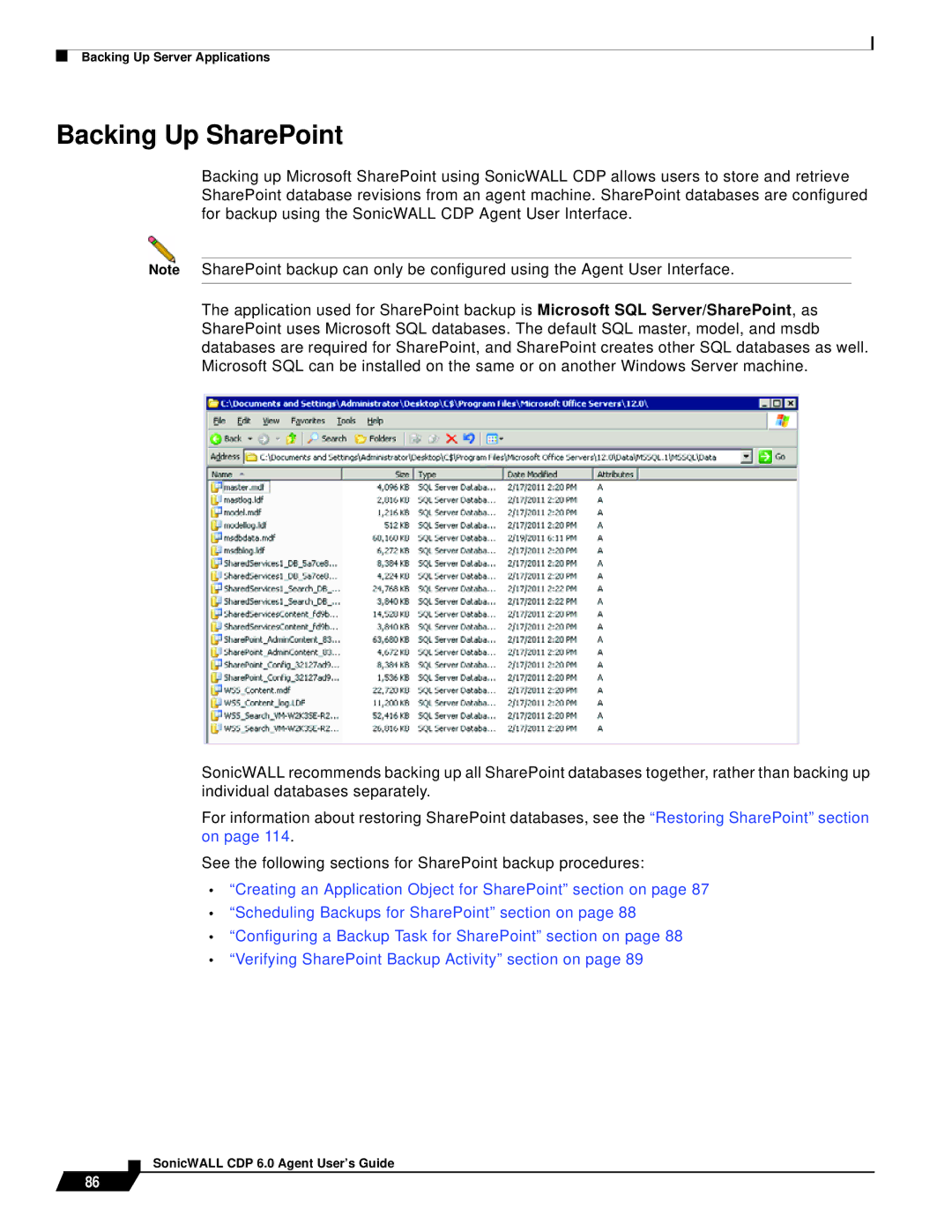 SonicWALL 6 manual Backing Up SharePoint 