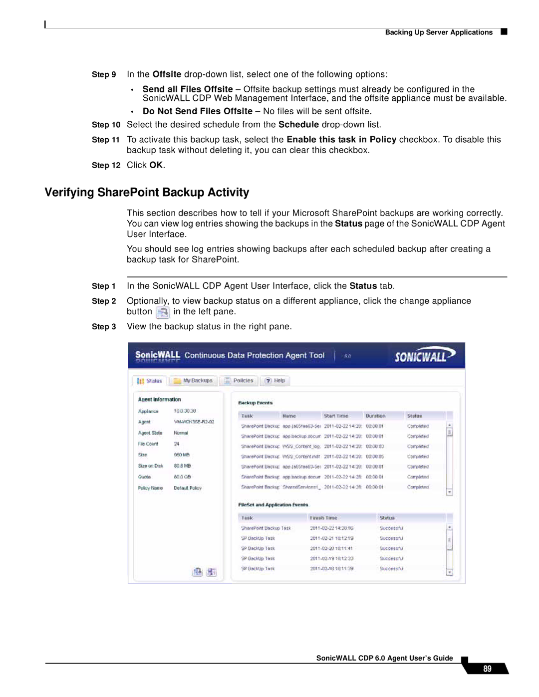 SonicWALL 6 manual Verifying SharePoint Backup Activity 