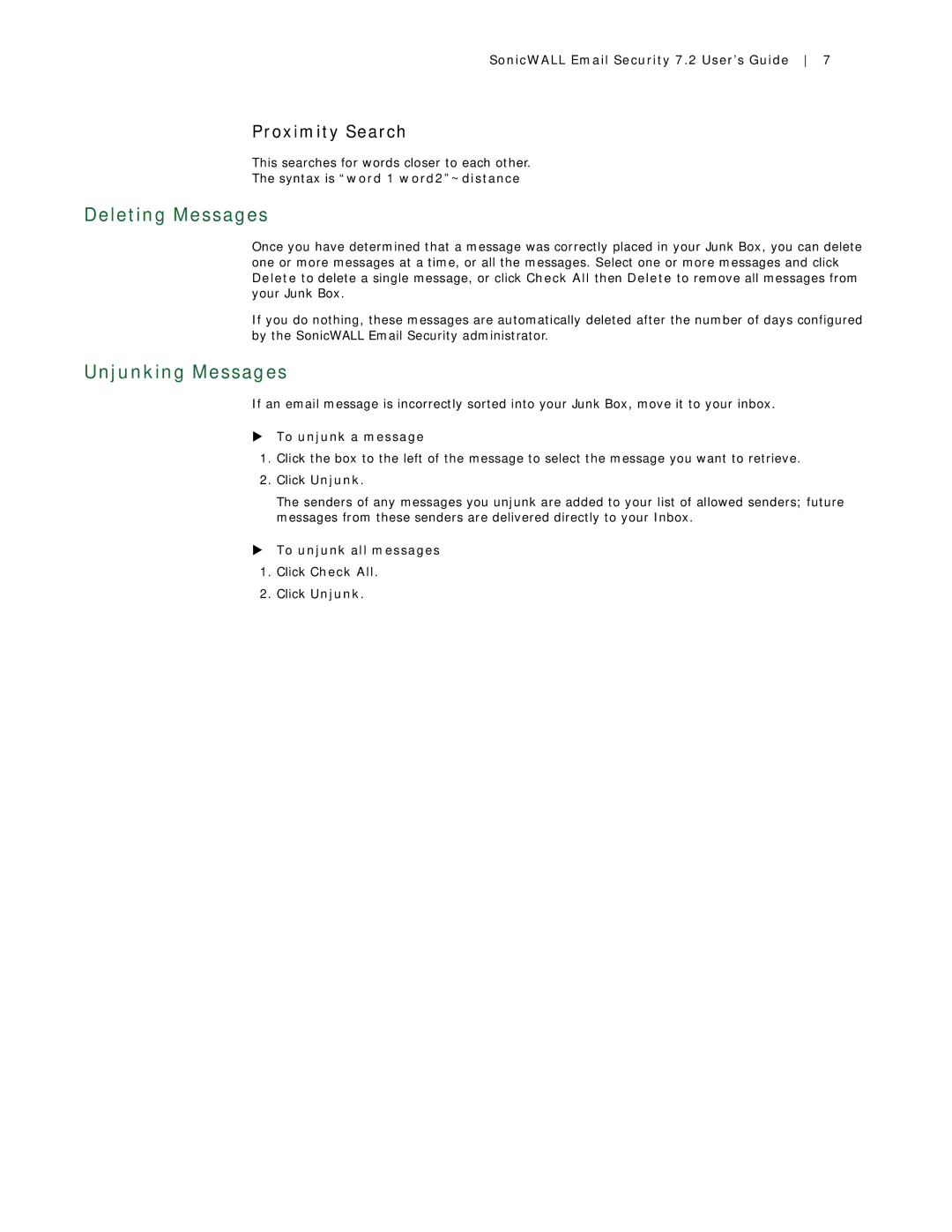 SonicWALL 7.2 manual Deleting Messages, Unjunking Messages, Proximity Search 