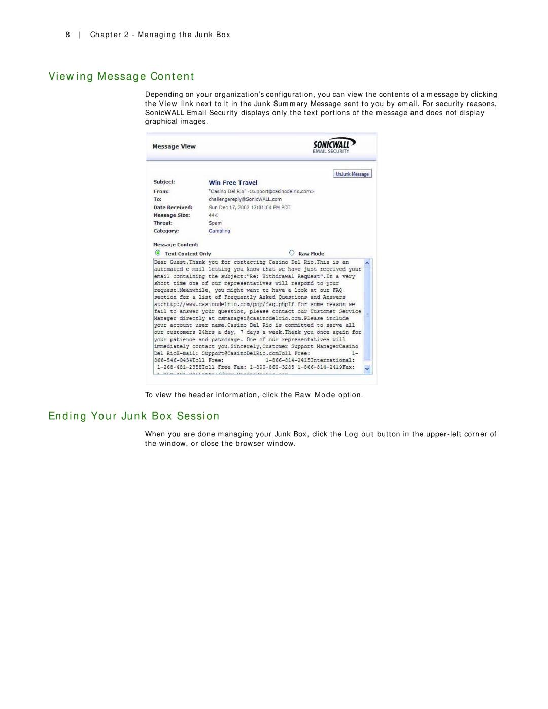 SonicWALL 7.2 manual Viewing Message Content, Ending Your Junk Box Session 