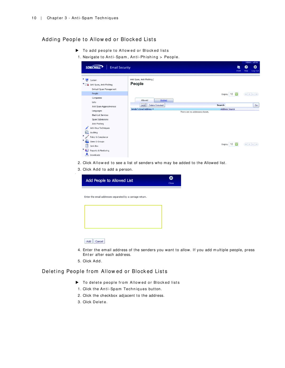 SonicWALL 7.2 manual Adding People to Allowed or Blocked Lists, Deleting People from Allowed or Blocked Lists 