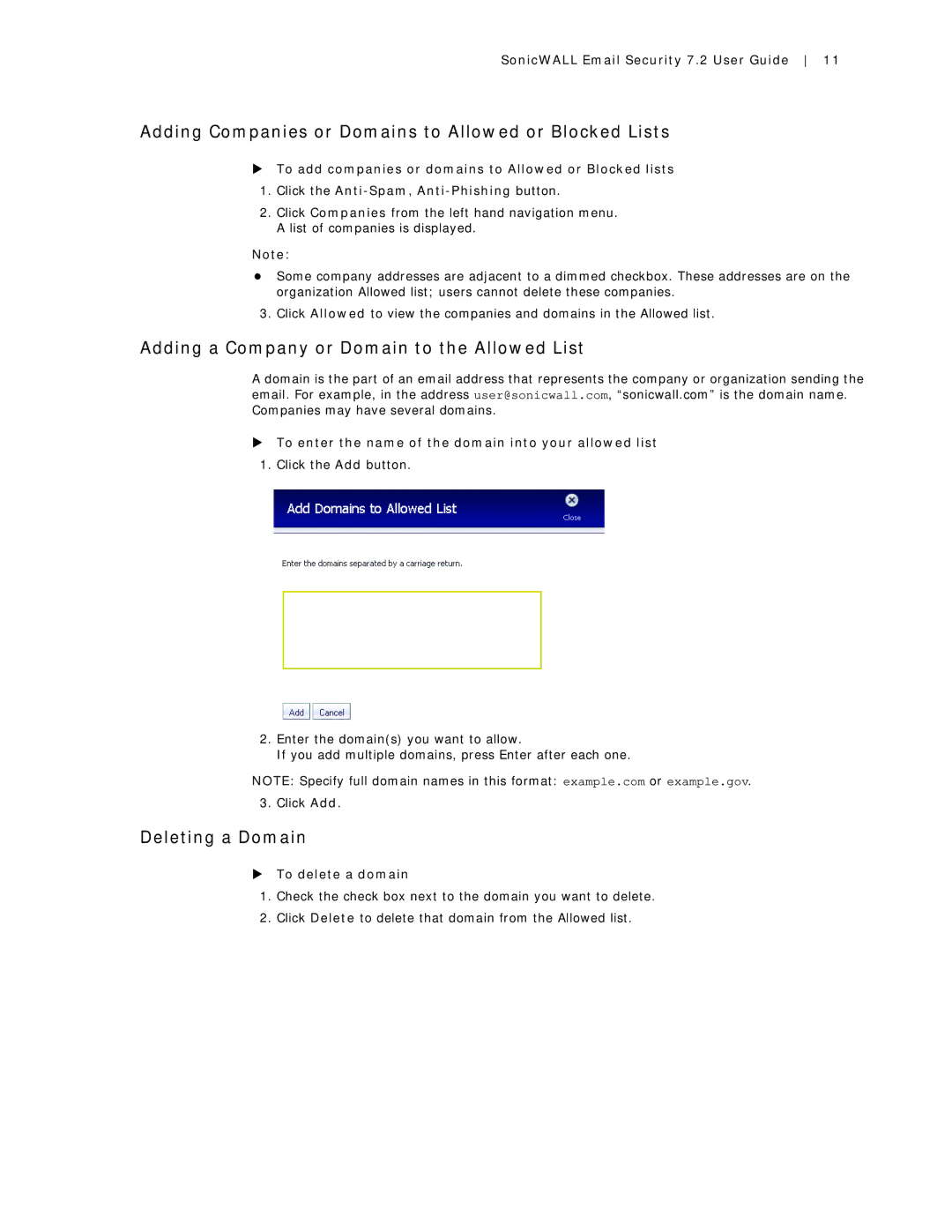 SonicWALL 7.2 Adding Companies or Domains to Allowed or Blocked Lists, Adding a Company or Domain to the Allowed List 