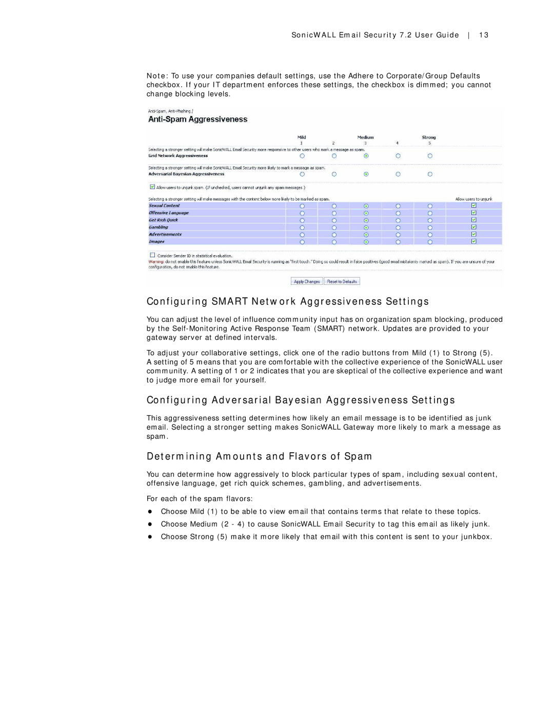 SonicWALL 7.2 Configuring Smart Network Aggressiveness Settings, Configuring Adversarial Bayesian Aggressiveness Settings 