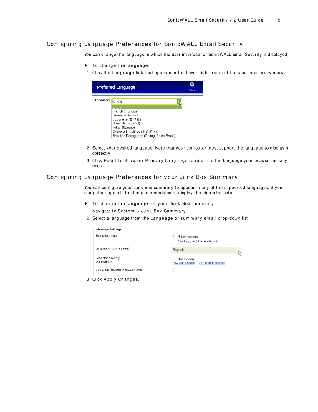 SonicWALL 7.2 Configuring Language Preferences for your Junk Box Summary, To change the language, Click Apply Changes 