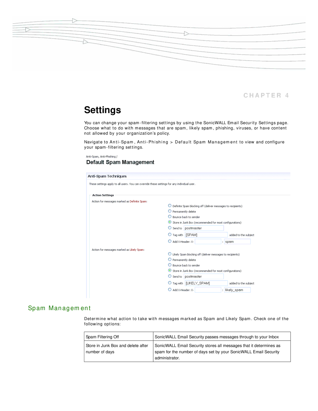 SonicWALL 7.2 manual Settings, Spam Management 