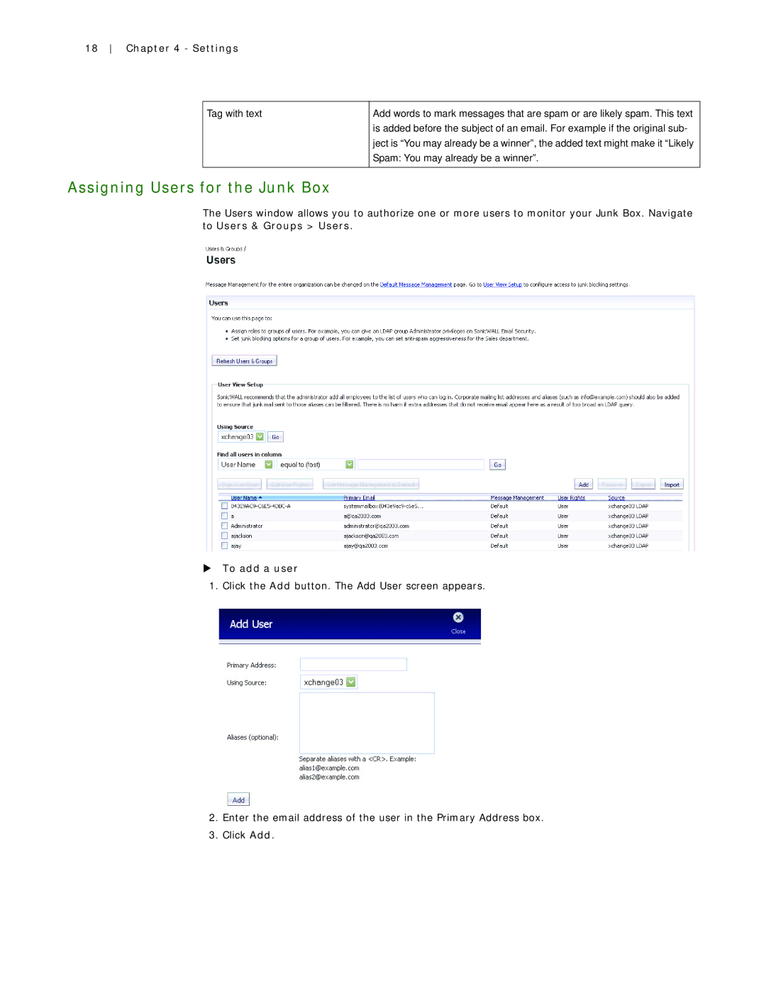 SonicWALL 7.2 manual Assigning Users for the Junk Box, Settings, To add a user 