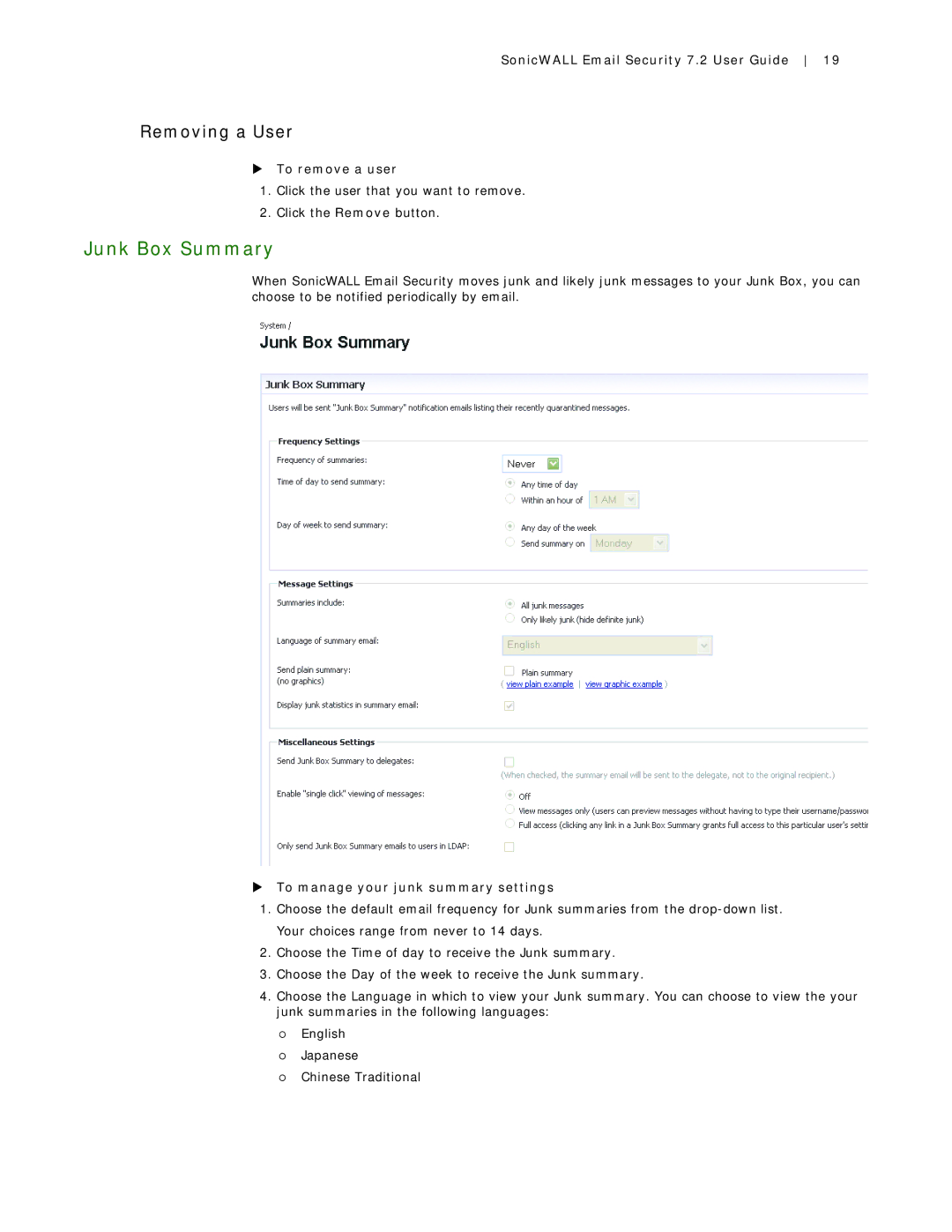 SonicWALL 7.2 manual Junk Box Summary, Removing a User, To remove a user, To manage your junk summary settings 