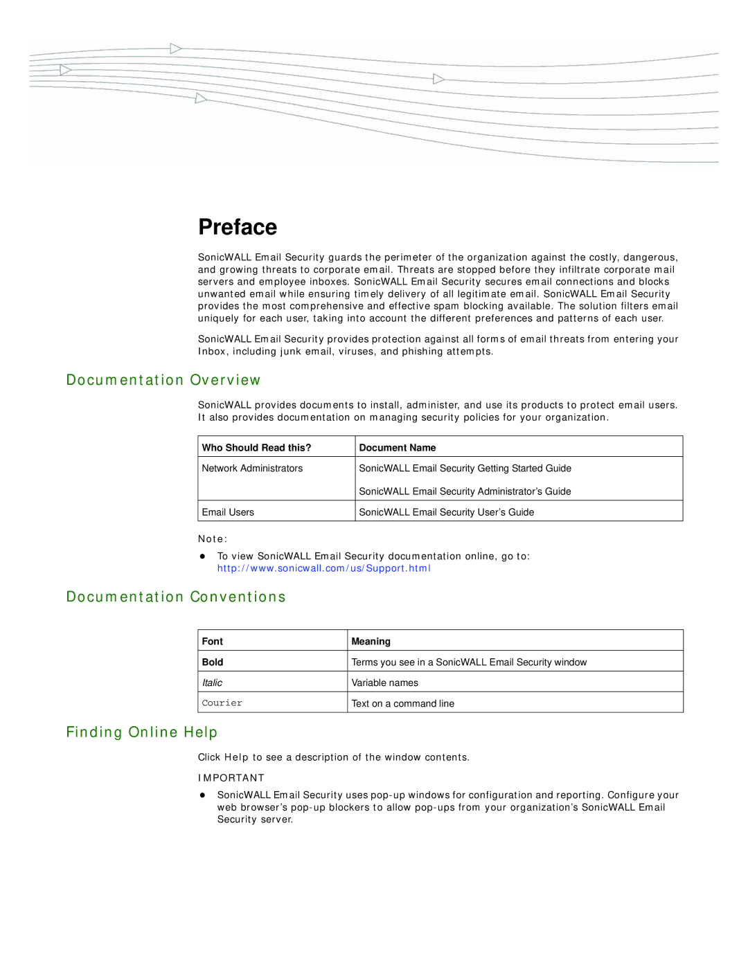 SonicWALL 7.2 manual Preface, Documentation Overview, Documentation Conventions, Finding Online Help 