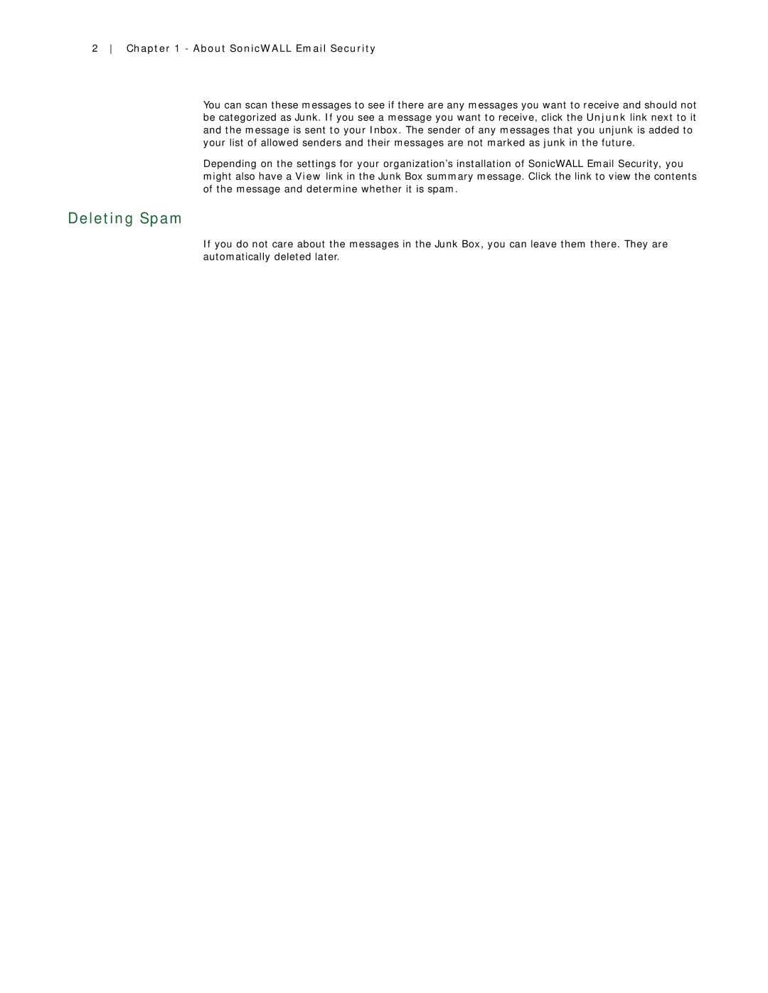 SonicWALL 7.2 manual Deleting Spam, About SonicWALL Email Security 