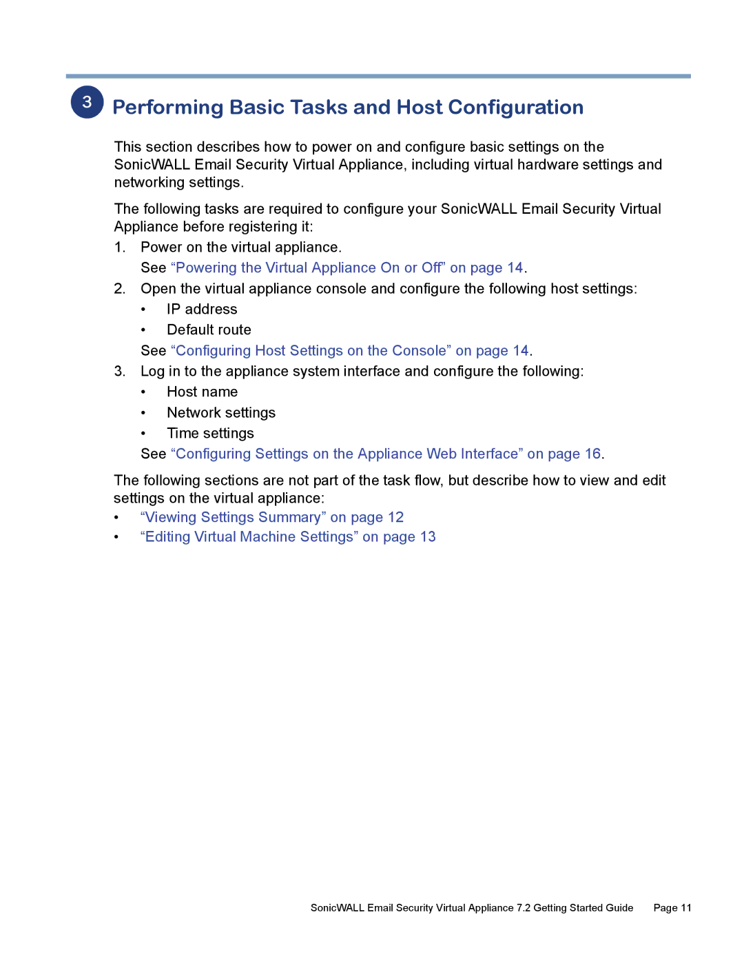 SonicWALL 7.2 manual Performing Basic Tasks and Host Configuration, See Powering the Virtual Appliance On or Off on 