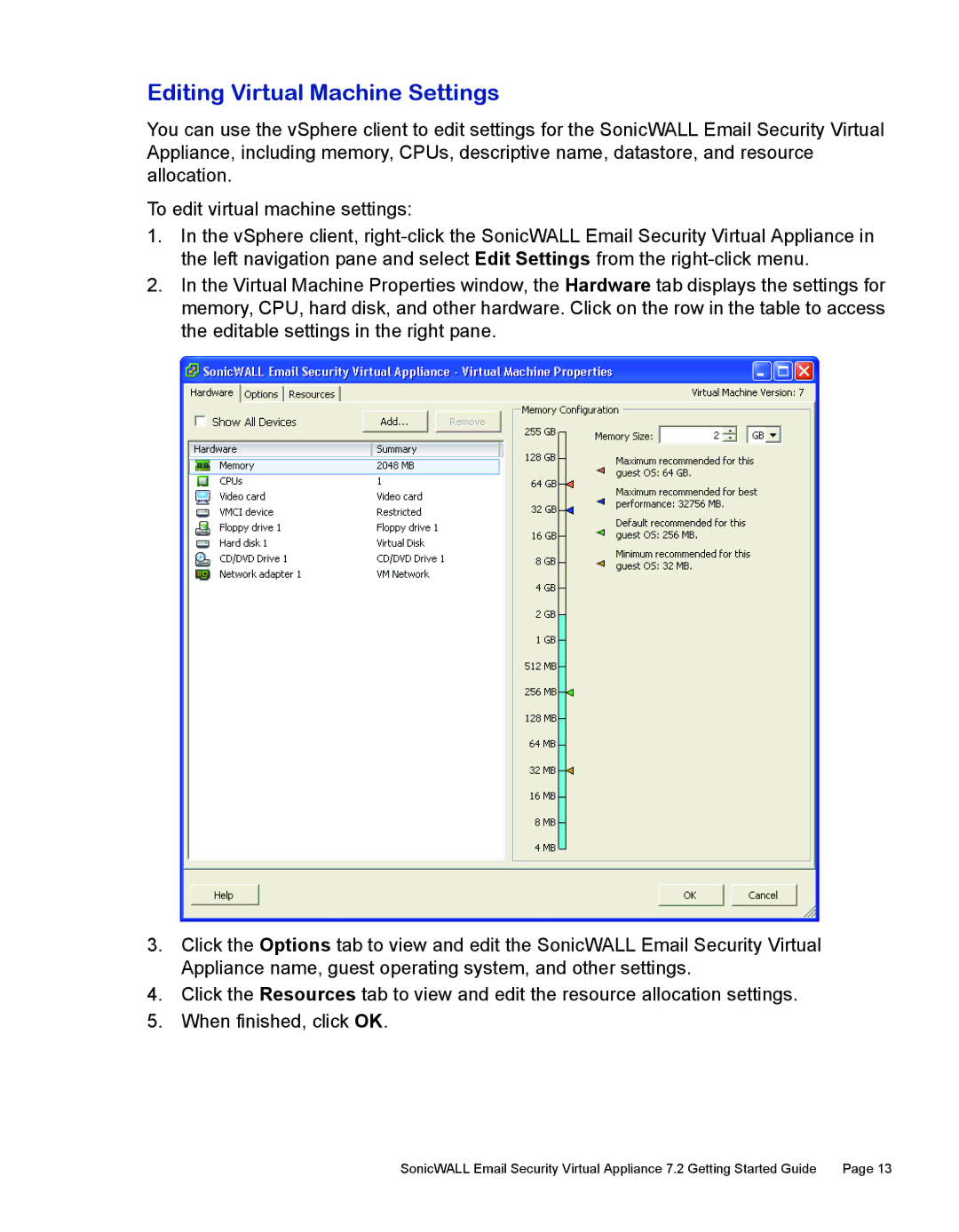 SonicWALL 7.2 manual Editing Virtual Machine Settings 