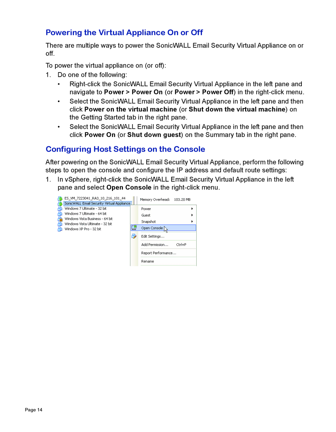 SonicWALL 7.2 manual Powering the Virtual Appliance On or Off, Configuring Host Settings on the Console 