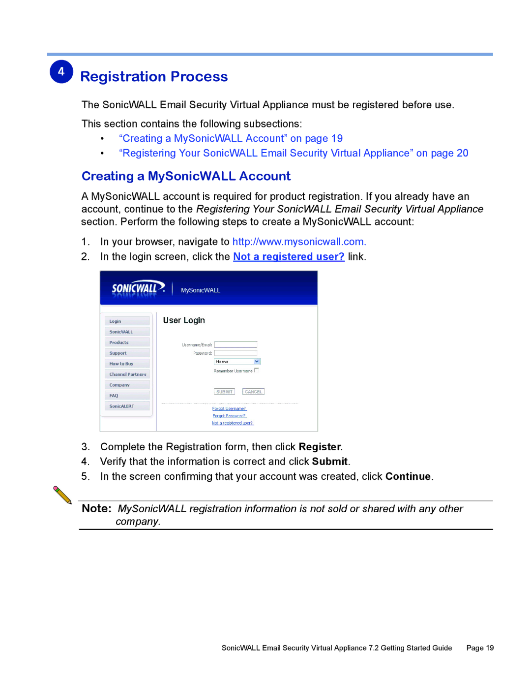 SonicWALL 7.2 manual Registration Process, Creating a MySonicWALL Account 