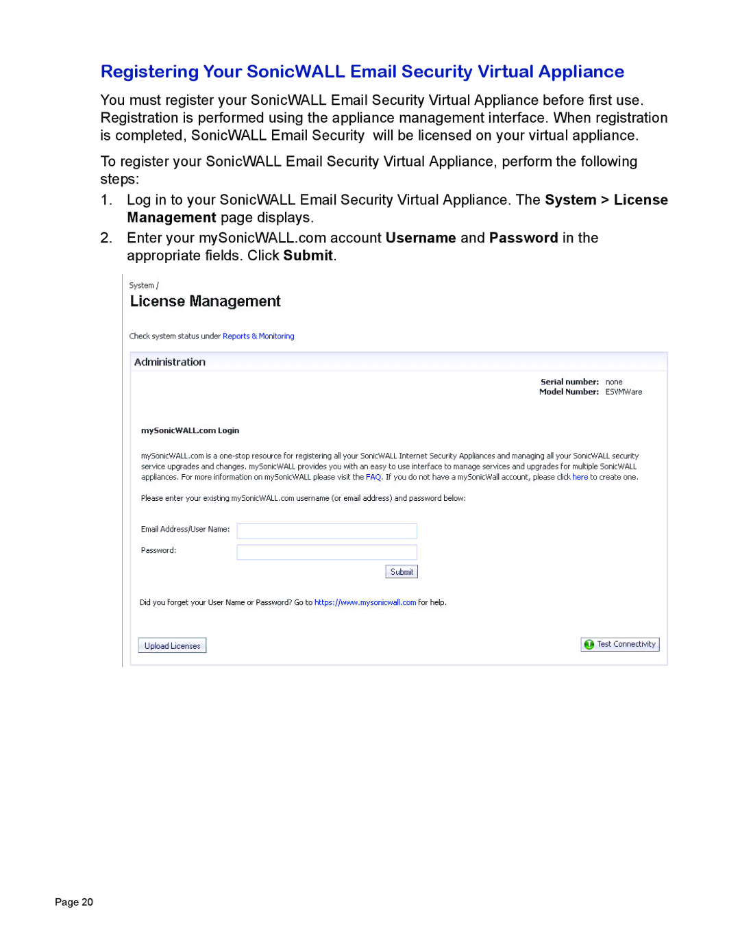 SonicWALL 7.2 manual Registering Your SonicWALL Email Security Virtual Appliance 