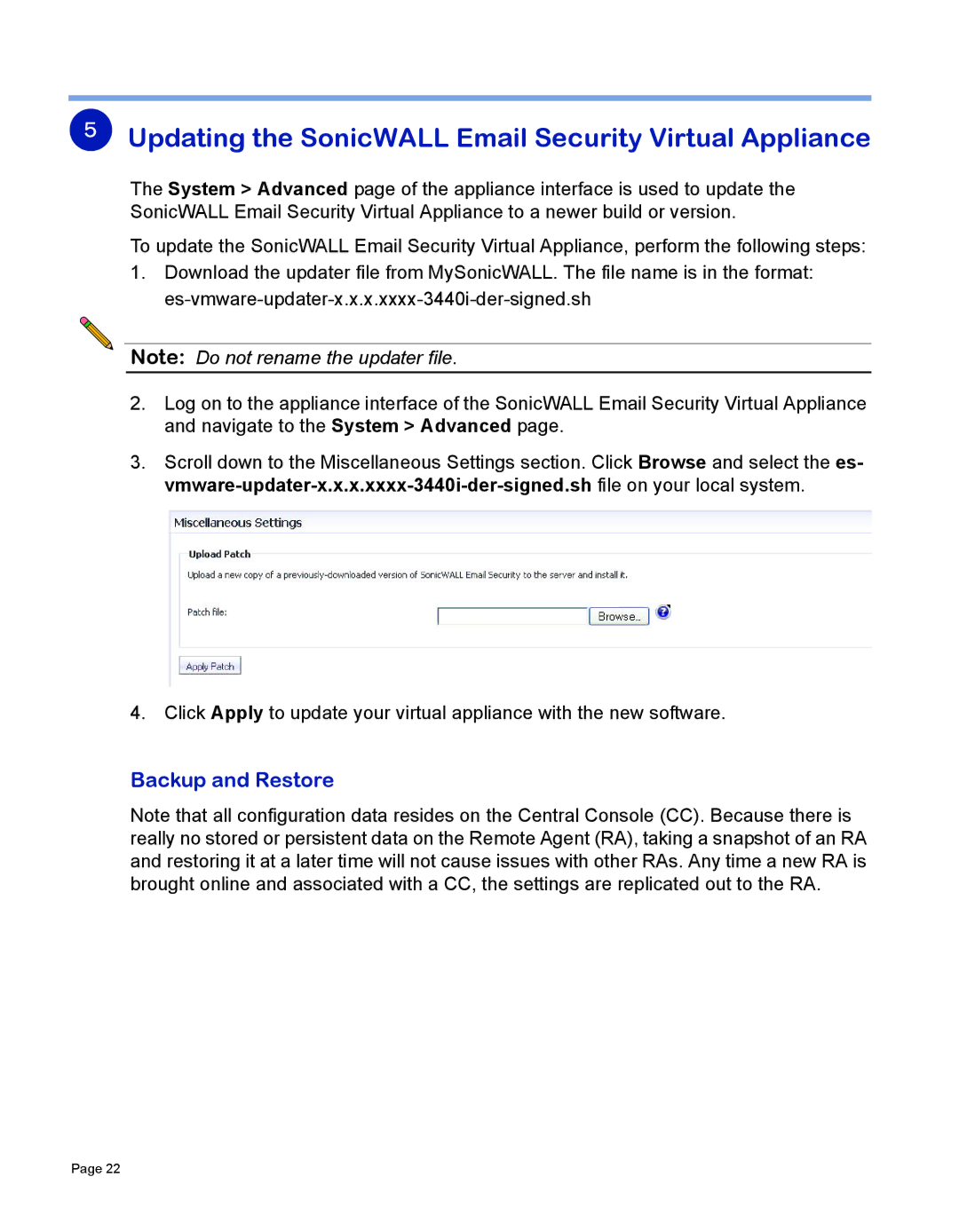 SonicWALL 7.2 manual Updating the SonicWALL Email Security Virtual Appliance 