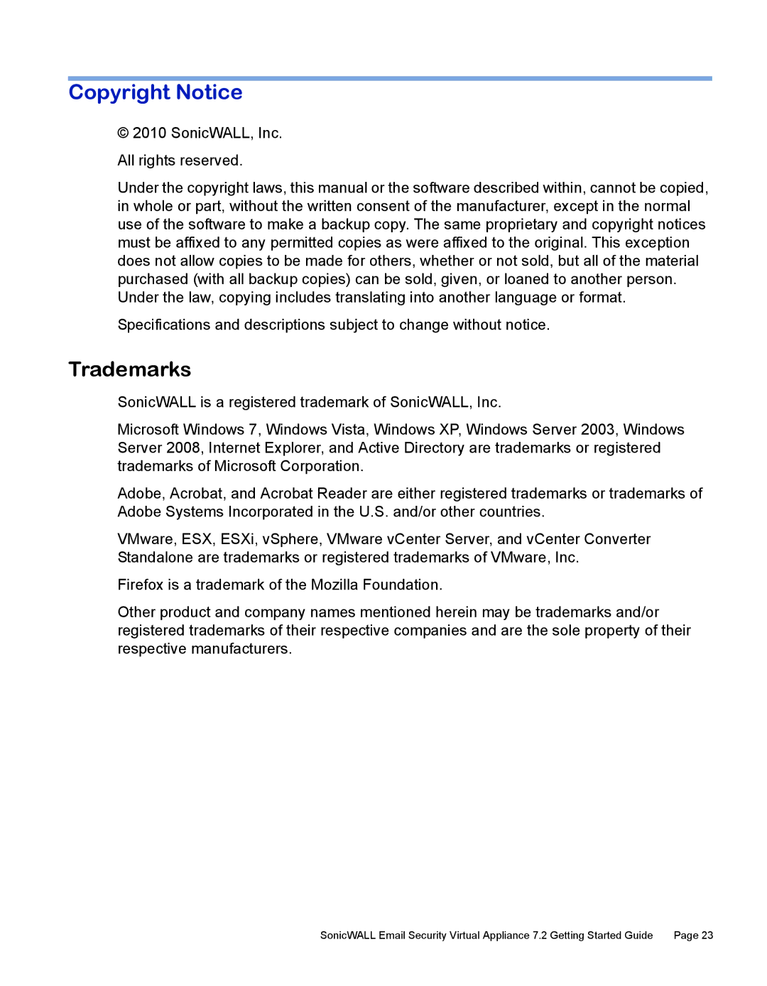 SonicWALL 7.2 manual Copyright Notice, Trademarks 