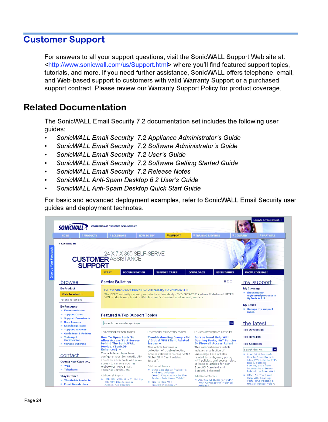 SonicWALL 7.2 manual Customer Support, Related Documentation 