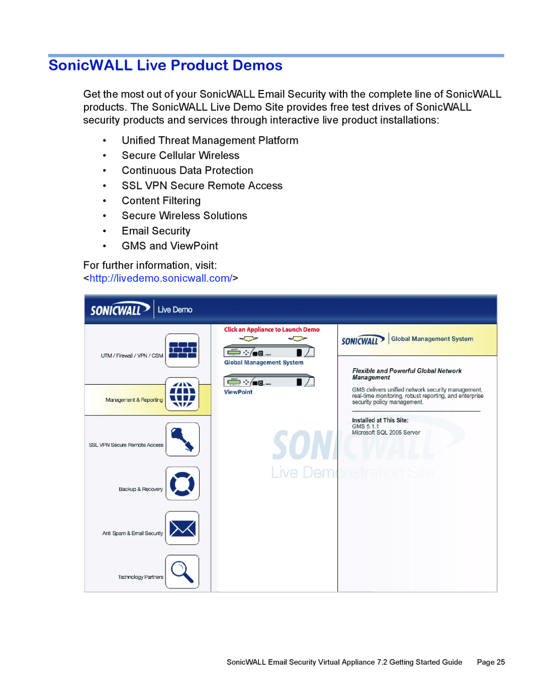 SonicWALL 7.2 manual SonicWALL Live Product Demos, Http//livedemo.sonicwall.com 