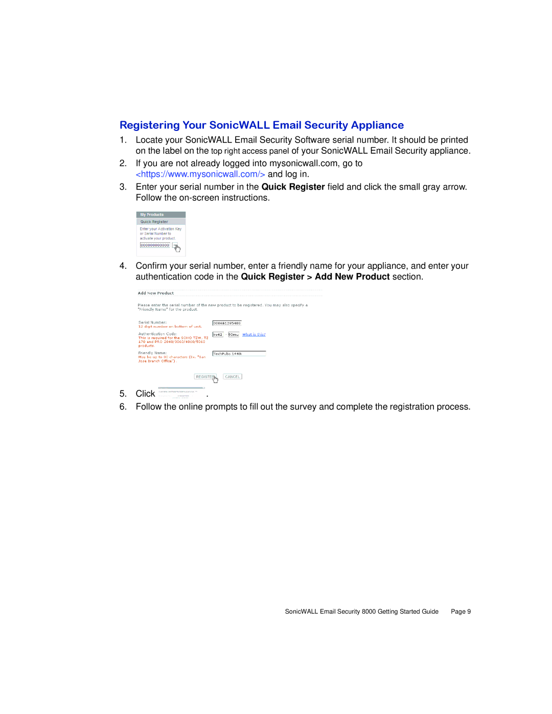 SonicWALL 8000 manual Registering Your SonicWALL Email Security Appliance 