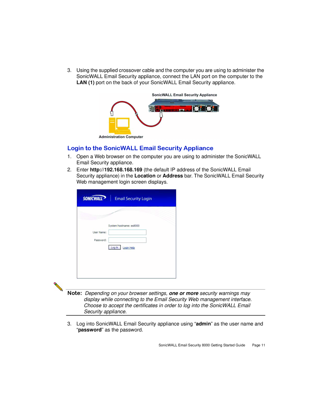 SonicWALL 8000 manual Login to the SonicWALL Email Security Appliance 