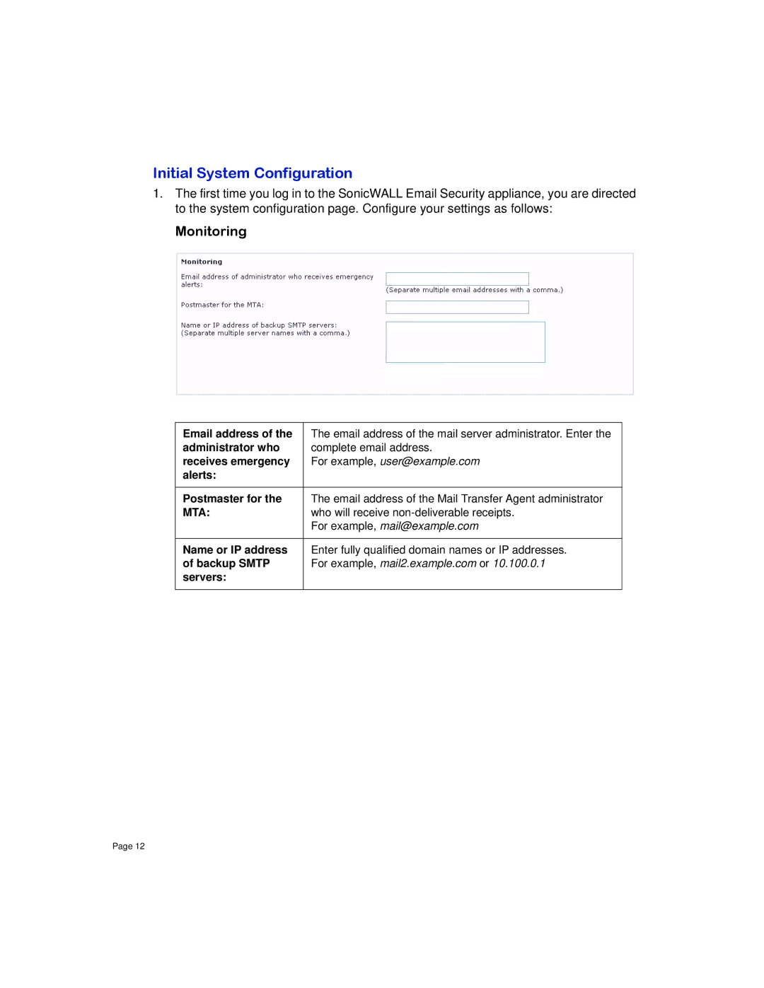 SonicWALL 8000 manual Initial System Configuration, Monitoring 