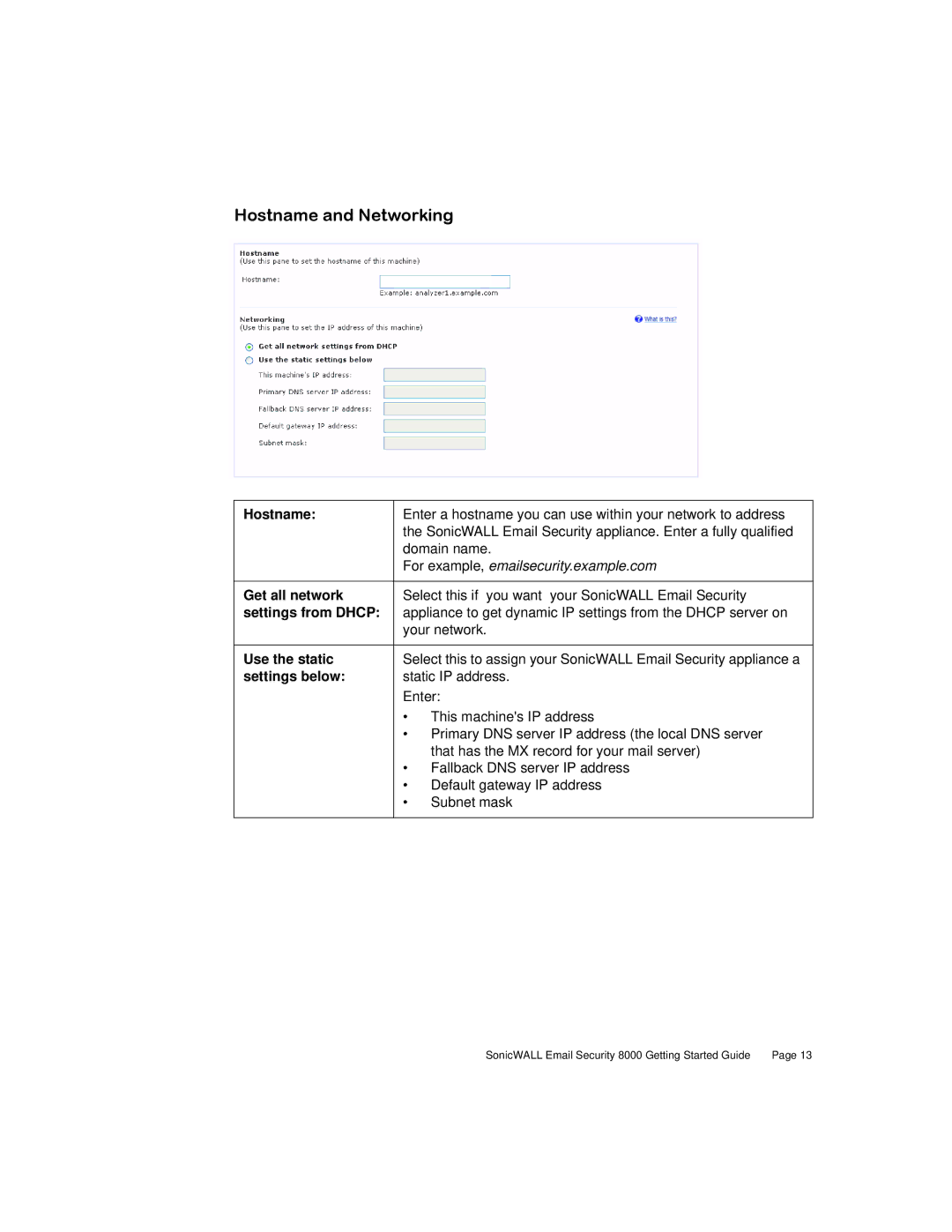 SonicWALL 8000 manual Hostname and Networking 