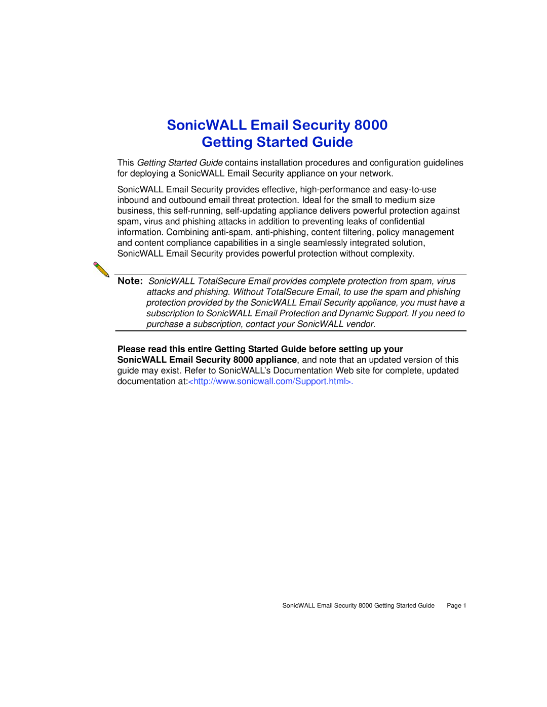 SonicWALL 8000 manual SonicWALL Email Security Getting Started Guide 