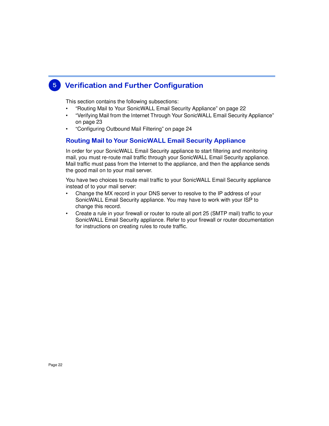 SonicWALL 8000 manual Verification and Further Configuration, Routing Mail to Your SonicWALL Email Security Appliance 